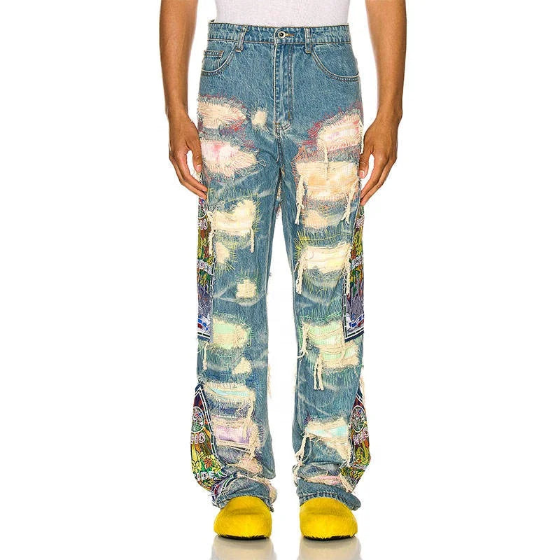 Y2K Graphic Embroidery Patch Jeans Men High Street Distressed Denim Pants Slit Hem Straight Leg Streetwear Custom Logo Trousers