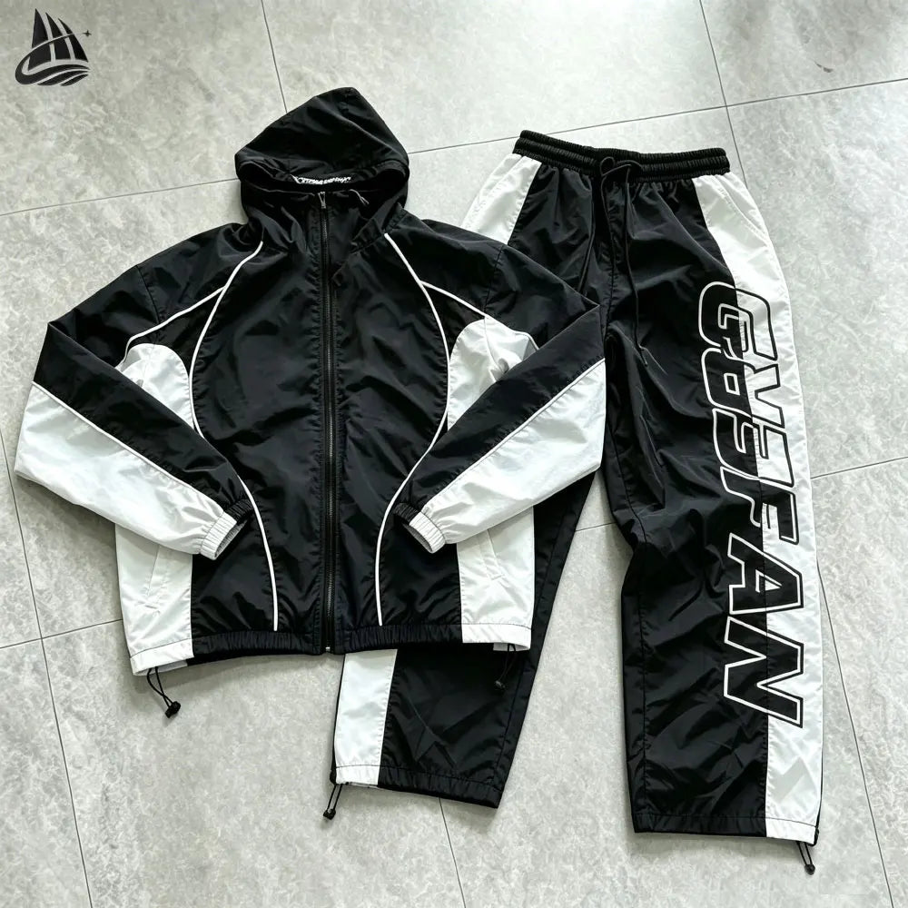 Custom Windbreaker Zip up Hooded Jacket Joggers Nylon Wind Breaker Cargo Pants Sweat Pant Tracksuit Unisex Jogging Suits Set