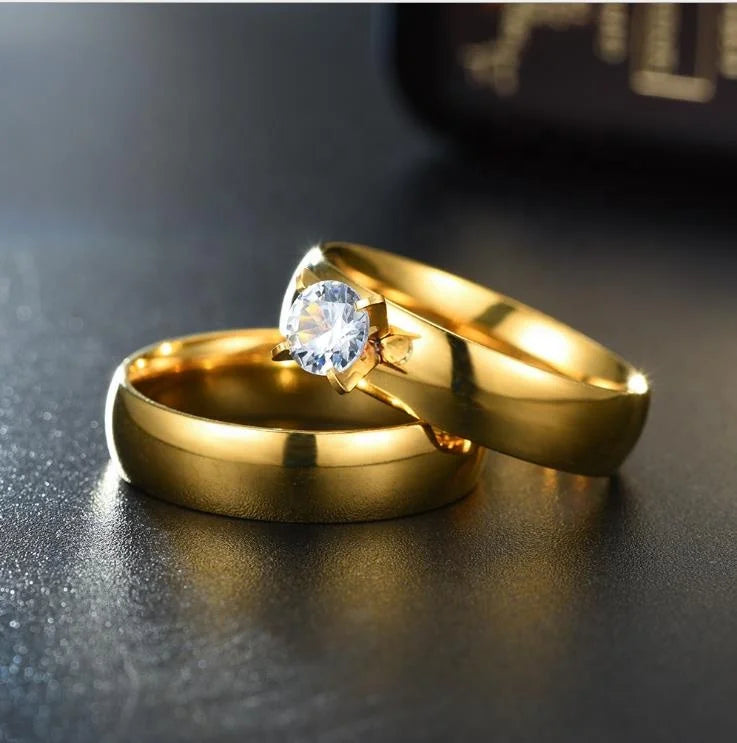 Fancy Gold Plated CLASSIC Stainless Steel Couple Rings Gents Diamond Changeable Stone Woman Wedding Ring Set Solid Cocktail Ring