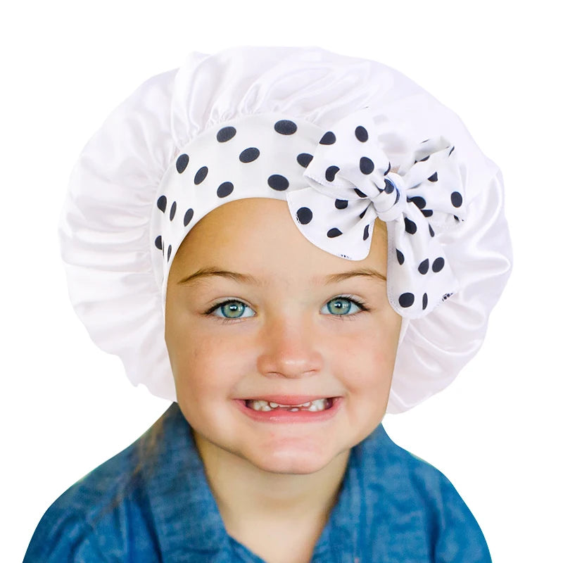 Lovely Single Layer Solid Color Satin and Elastic Tie Kids Night Sleep Cap Bonnet for Daily Life Party