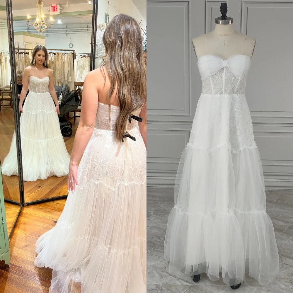 15480# Real Photos Elegant Strapless Sweep Train A-line Wedding Dress Bridal Gown for Women With Appliques Tulle
