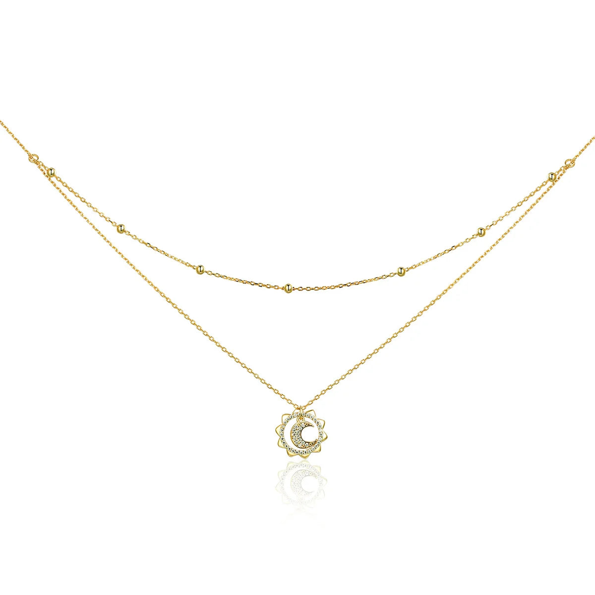 925 Sterling Silver 14K Gold Sun Moon Shape Double Layers Choker Necklace with Zircon Women's Silver Jewelry Model SCN305
