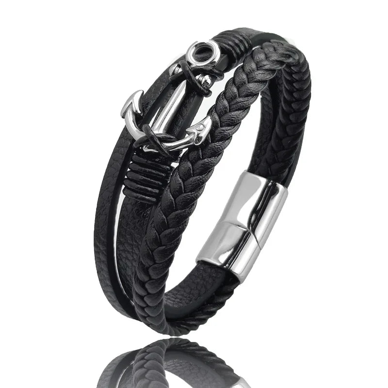 2022 Bangle Accessories Multilayer Braided Leather Bracelet Creative Stainless Steel Anchor PU Bracelet for Women Men