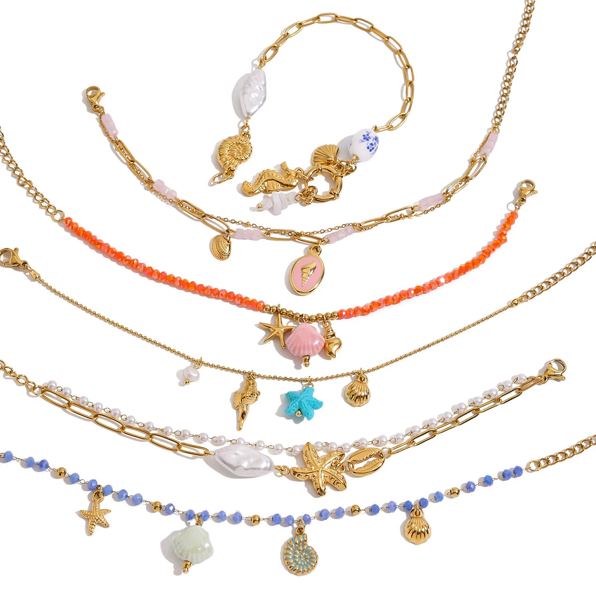 J&D Summer Design Waterproof Stainless Steel 18K Gold DIY Shell Starfish Conch Pearl Charms Bracelets Set