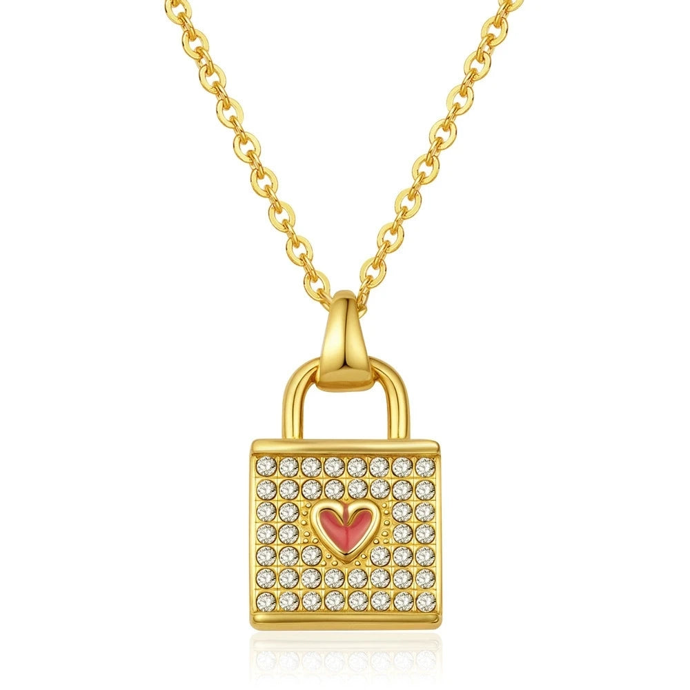 Women Valentine's Day Gift Jewelry Stainless Steel Heart Lock Necklace Fashion 18K Gold Plated Love Heart Pendant Custom Chain