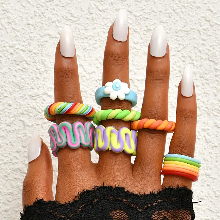 Newest Pastel Polymer Clay Rings Cute Stacking Candy Color Y2K Rings Rainbow Chunky Acrylic Resin Rings for Women Teen Girls