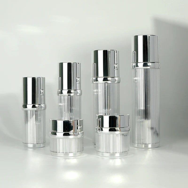 Stock Cosmetic Set 15g/30g/50g/30ml/50ml/100ml/120ml Silver Airless Spray Empty Plastic Lotion Bottle Acrylic Cream Eye Cream