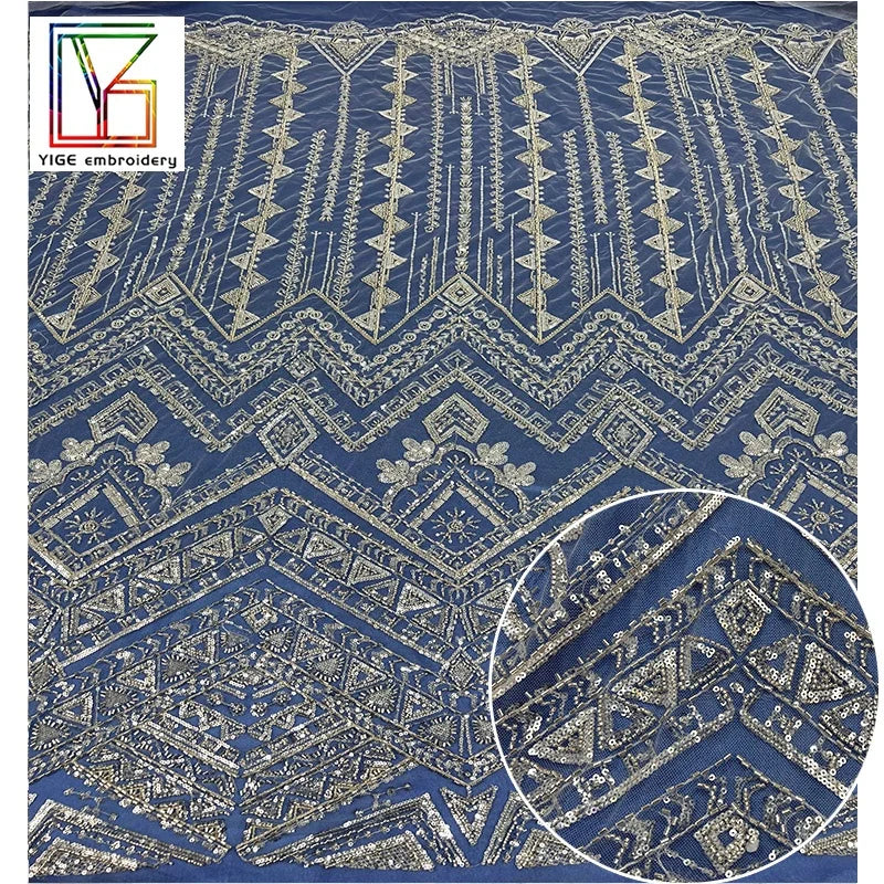 New Fashion Bridal Beaded Sequin Net Lace Fabric High Density Handmade Heavy Beads Sequins Tulle Lace Fabric for Wedding Dresses
