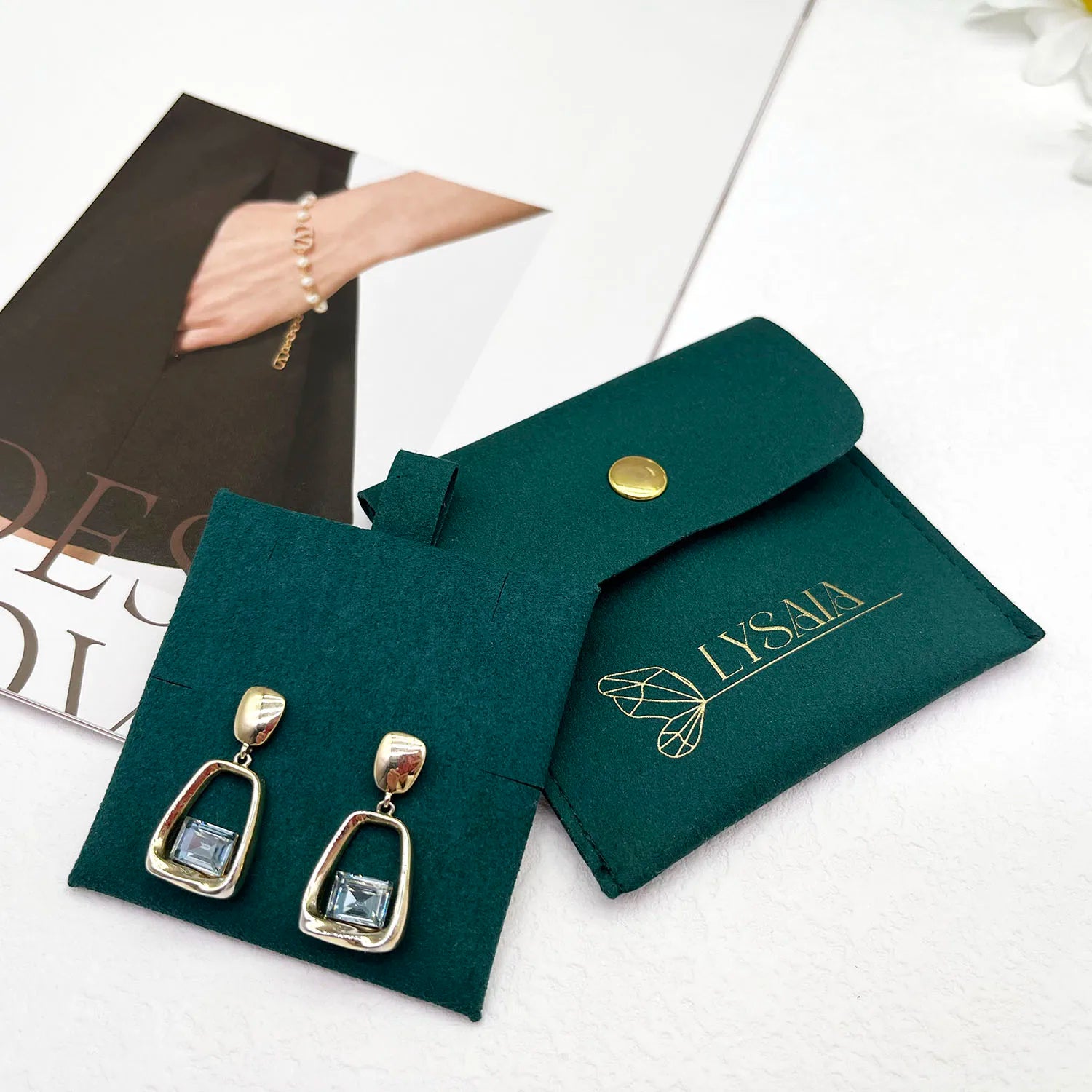 Custom  Green Color Envelope Bag with Button  Microfiber Suede Jewellery Packaging Pouch and Insert Pad with Logo