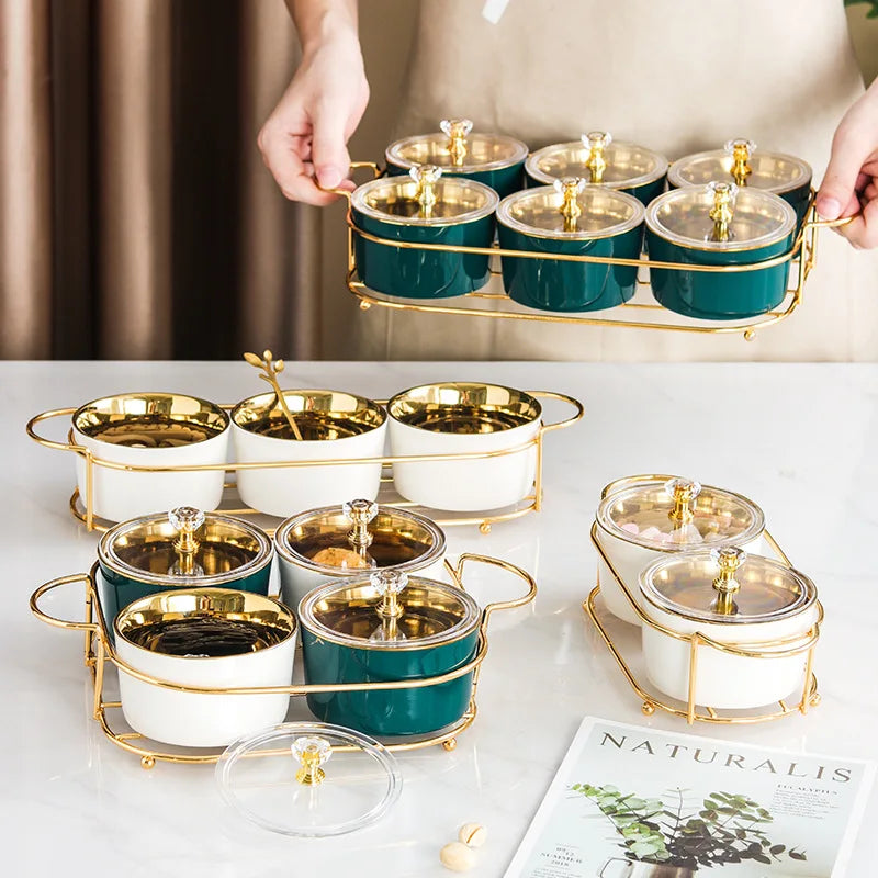 European-style Creative Ceramic round Snack Fruit Cake Grid Plate With Iron Stand