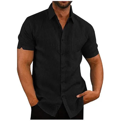 New Men's Casual Blouse Polo Collar Cotton Linen Shirt for Spring Autumn Summer-Lightweight Short Sleeve Handsome Tops