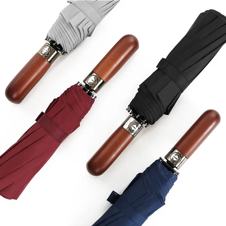 Strong Windproof Fully-Automatic Europe Design Triple-Fold 10-Rib Pongee Umbrella Wood Handle 10K Folding Travel Business Gift