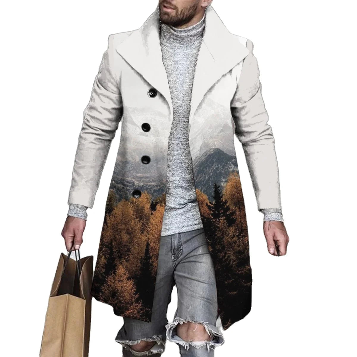 Men's Long Trench Coat Fall/Winter Single Breasted with Plaid Pattern Factory Wholesale