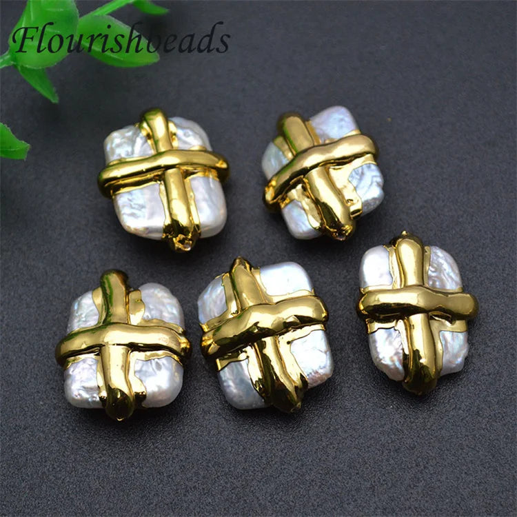 18K Gold Plated Natural Freshwater Pearl Geometric Square Loose Pearl Beads for Jewelry Bracelets Necklaces Making