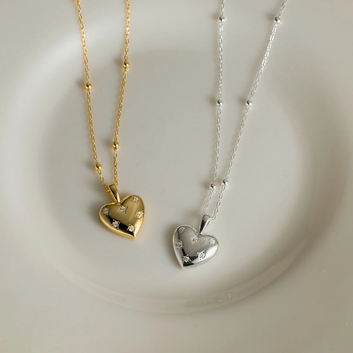 Fine Jewelry Necklaces 925 Sterling Silver Heart Zircon Necklace Heart Star Pendant Gold Plated Bead Necklaces for Women
