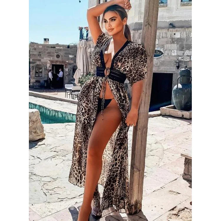 Chiffon Beach Dress Beach Cardigan Holiday Blouse Leopard Print Casual Dresses
