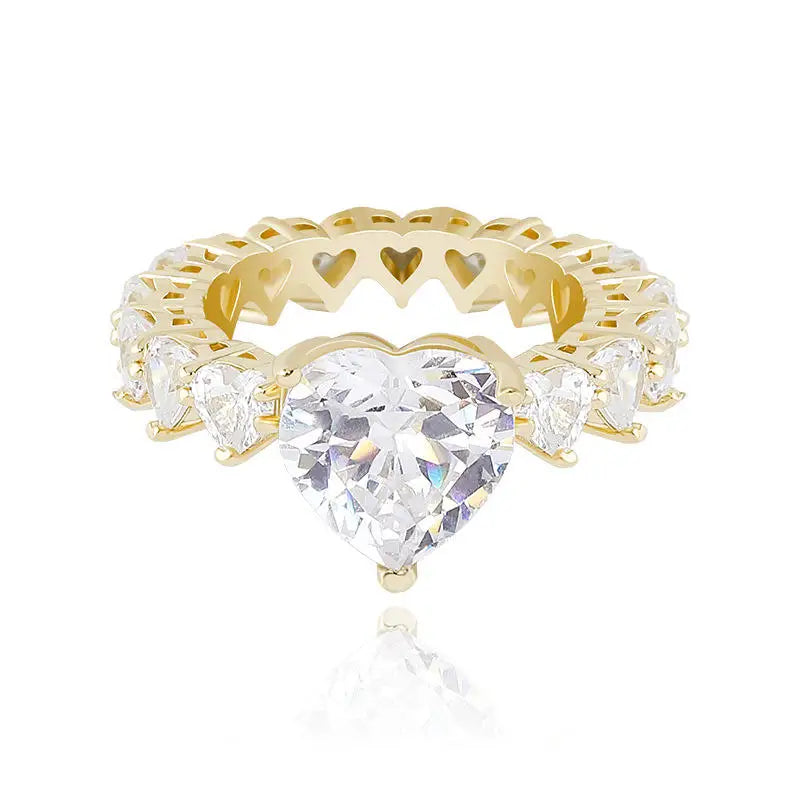 Trendy Romance: Heart Cut Gold Silver and Rose Gold Color Iced Out Micro Paved AAA CZ Women's Hip Hop Ring