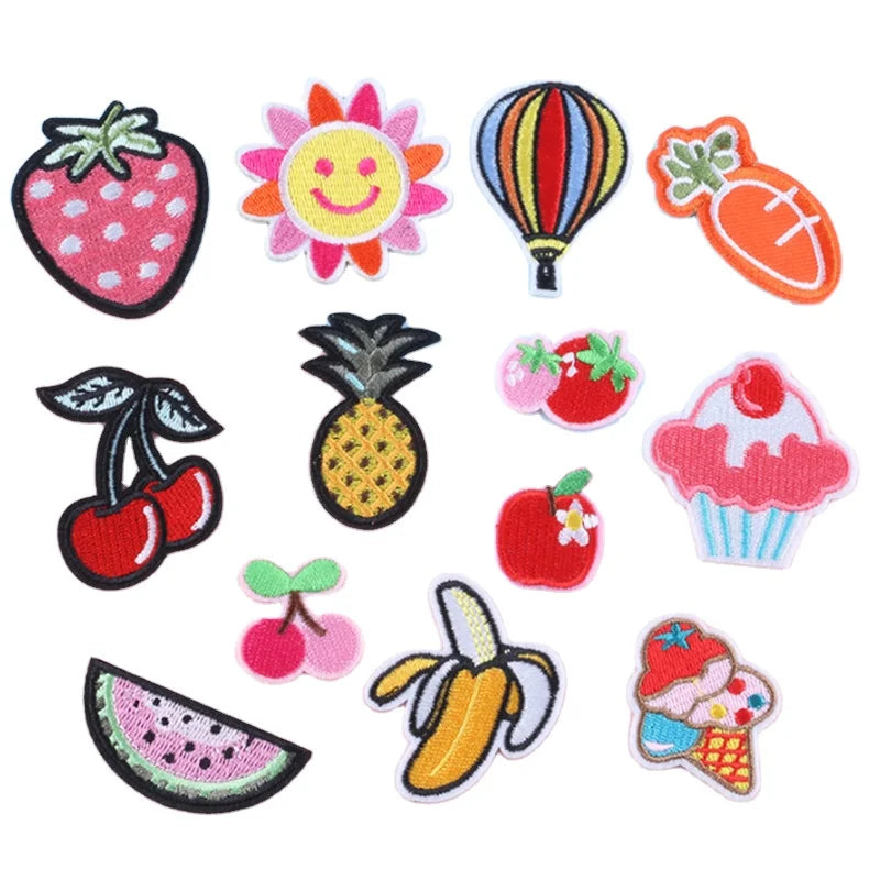 Wholesale Custom Hot Melt Adhesive Iron on Embroidered Fruit Cake Strawberry Banana Garment Patches for Clothing Hats Shoes