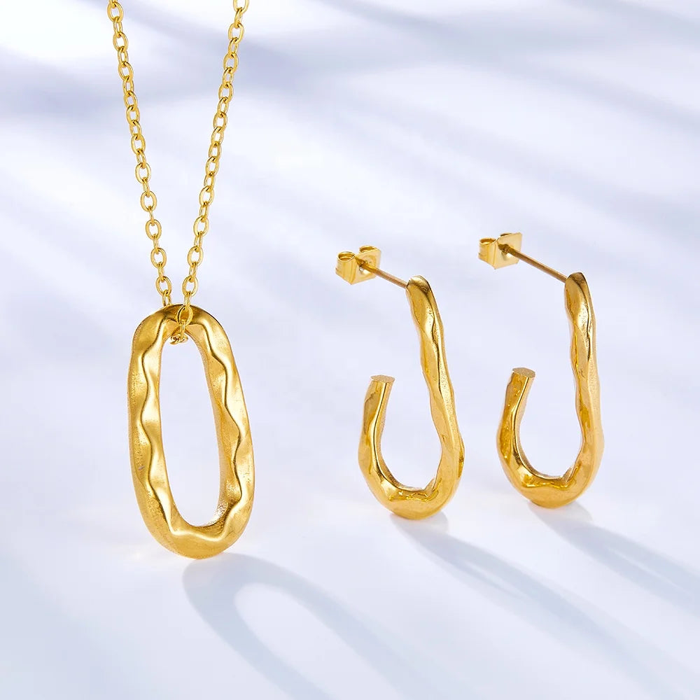 New Design 18K Gold Plated Stainless Steel Oval and Square Cut Out Shaped Jewelry Set for Women