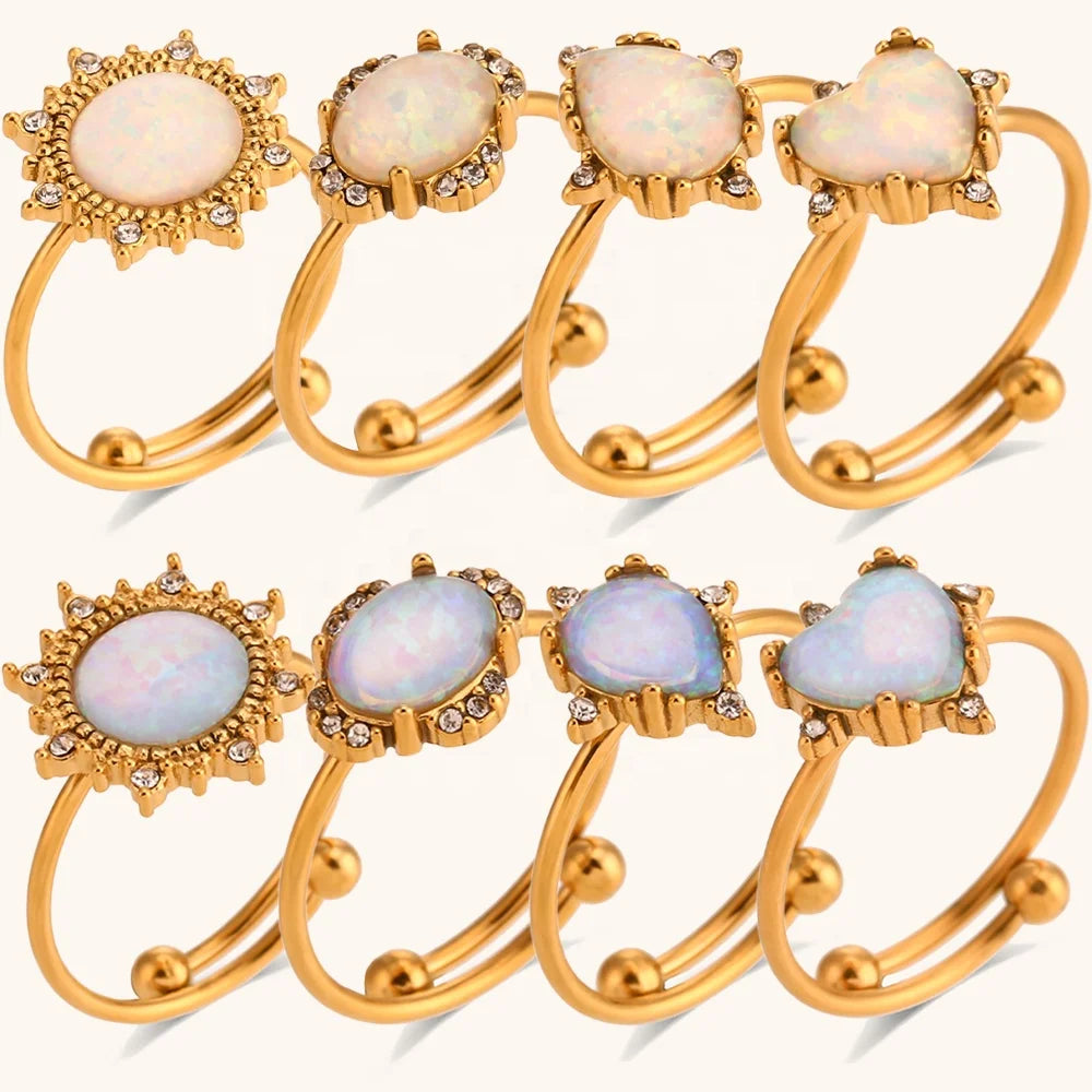 Dingran New Design Heart Sunflower Water Drop Opal Adjustable Rings Stainless Steel Jewelry for Women