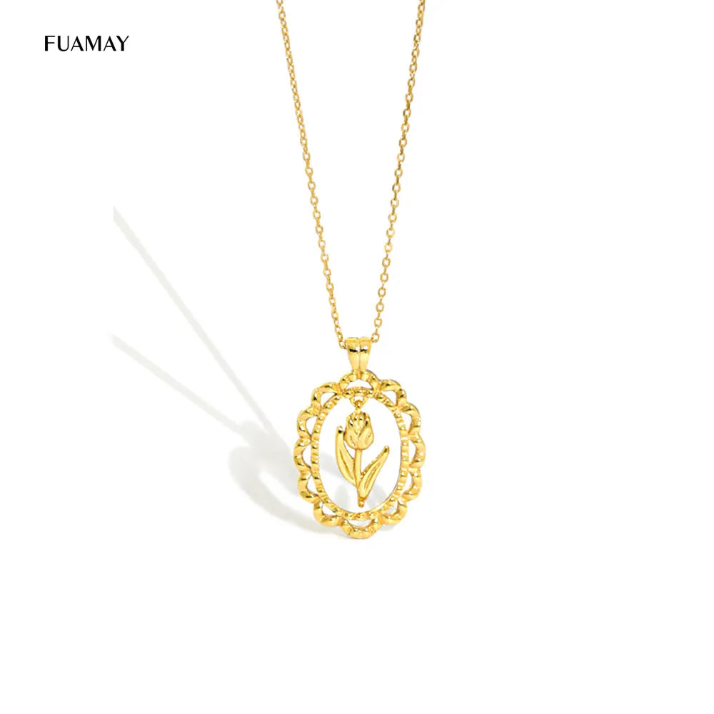 FUAMAY Gold Plated Tulip Jewelry Set Pendant Flower Necklace Beautiful Flower Necklace  Chokers for Women Collares De Plata 925