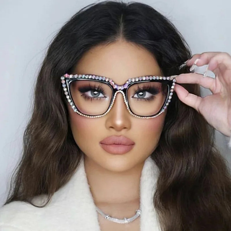 3362 Trendy square Cat Eye Optical Eyewear Diamond Oversized Plastic Blue Light Blocking Glasses  Women