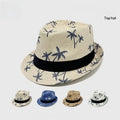 Short Brim Straw Fedora Summer Coconut Tree Print Beach Sun Straw Hat for Men Women