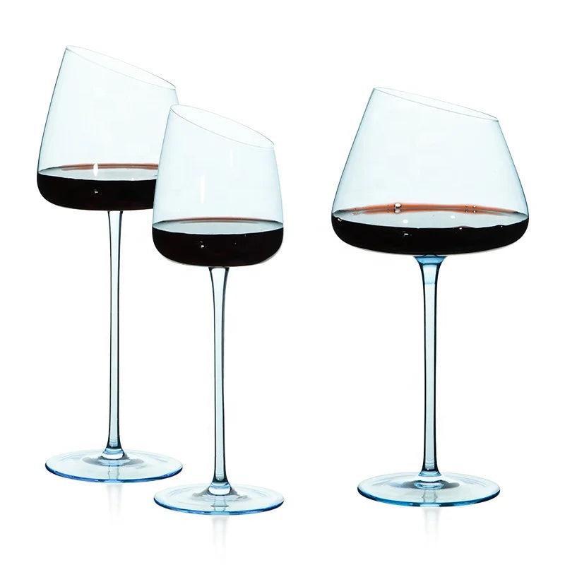 Glacier Blue Fashioned Champagne Glass Goblets Concave Bottom Wine Glasses with Slanted Design