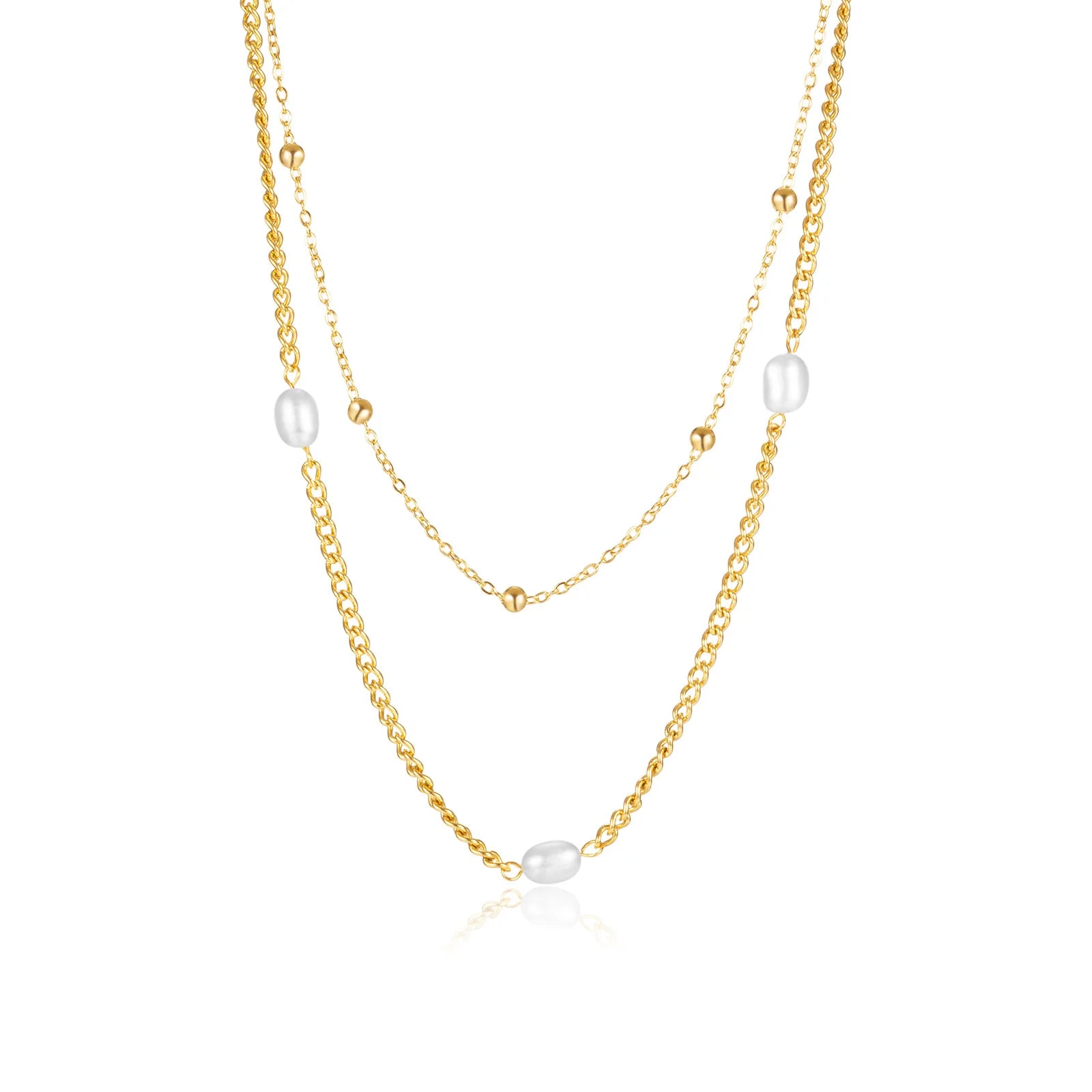 Dainty Non Tarnish Stainless Steel Gold Color 18k Gold Plated Freshwater Pearl Double 2 Layers Layered Necklace Jewelry Women