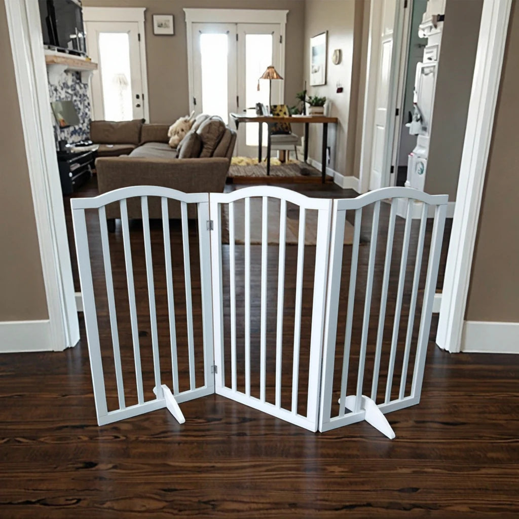 3-Panel Folding Indoor Pet Fence Gate 2 Foot Supporters Easy-to-Use Wood Barrier for Dogs Sports Style Pup Gate