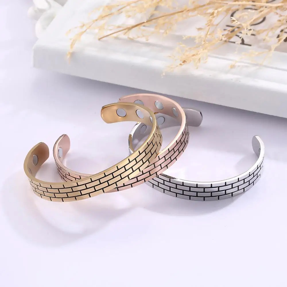 Fashion Stainless Steel 316l Black Strip Lines  Rose Gold Charm Bangle Cuff Magnetic Therapy Health Bracelet Jewelry for Women