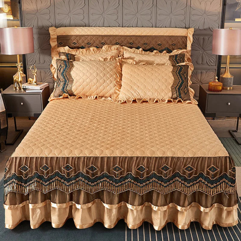 Beautiful Multi Gold Ruffled Bedskirt Velvet Fabric Bedding Sets Ruffles Bedding Set Wholesaler