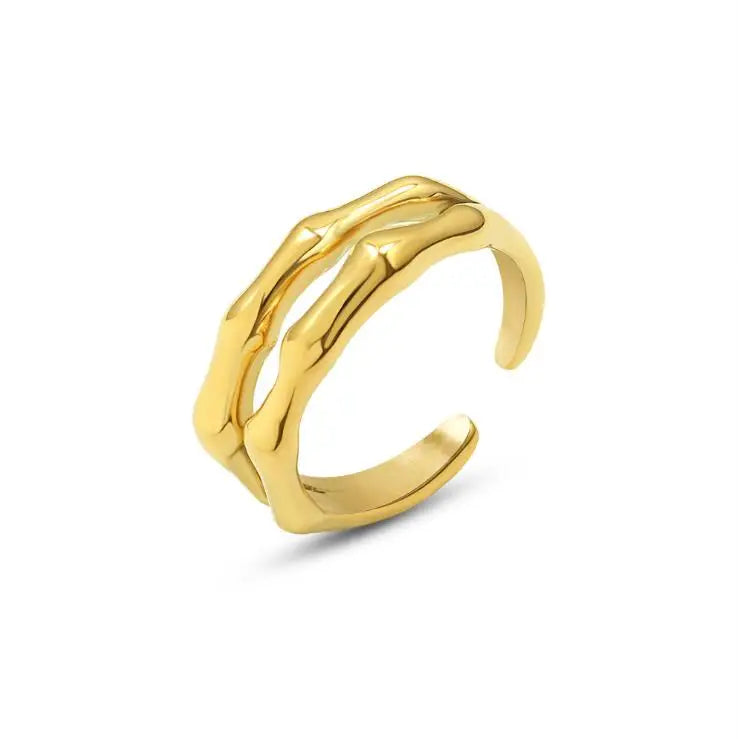 2025 New PVD Vacuum Coated Open Gold Double Bamboo Ring Stainless Steel Adjustable Tarnish-Free Stacking Ring Fashion Rings