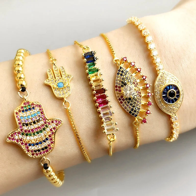 New Popular rainbow Zircon Jewelry Adjustable Chain Hamsa Fatima Hand Charm Bracelet for Women
