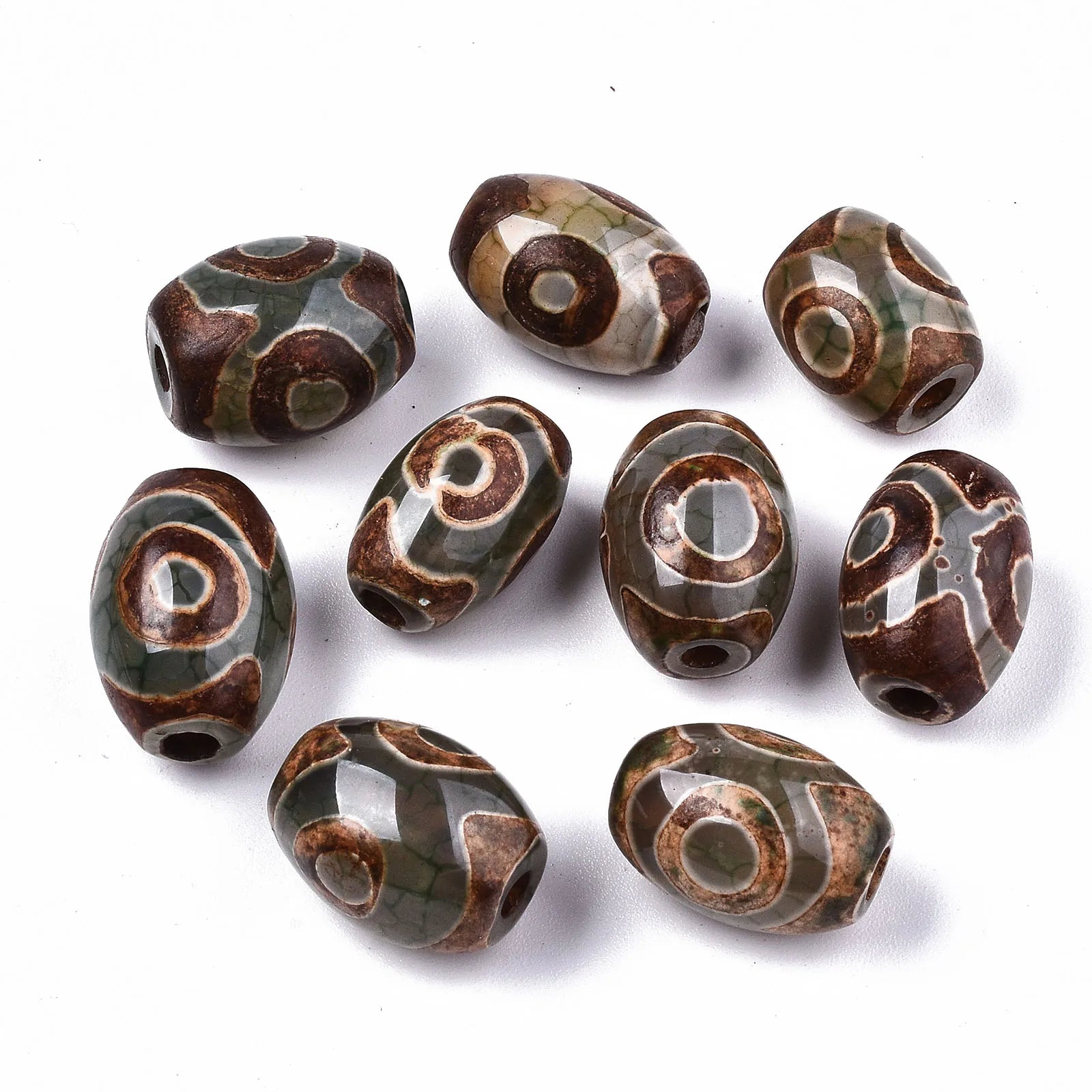 PandaHall Tibetan Style DZi Beads Natural Agate 3-Eye Column Oval Round Shape Stone Beads