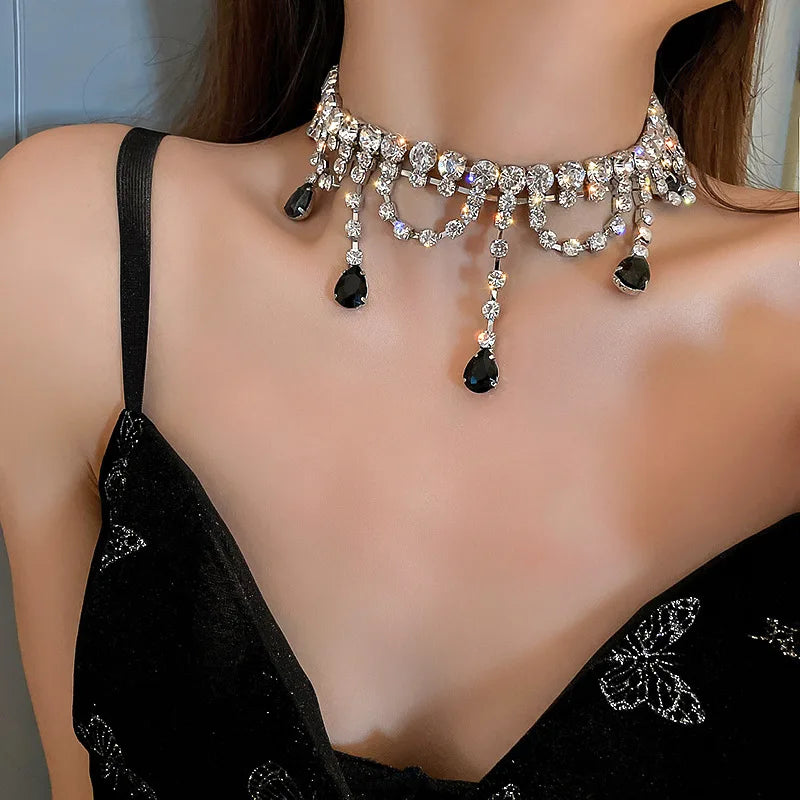 Sexy Gothic Chokers Crystal Black Choker Necklace Diamond Women Bling Rhinestone Tassel Water Drop Necklace