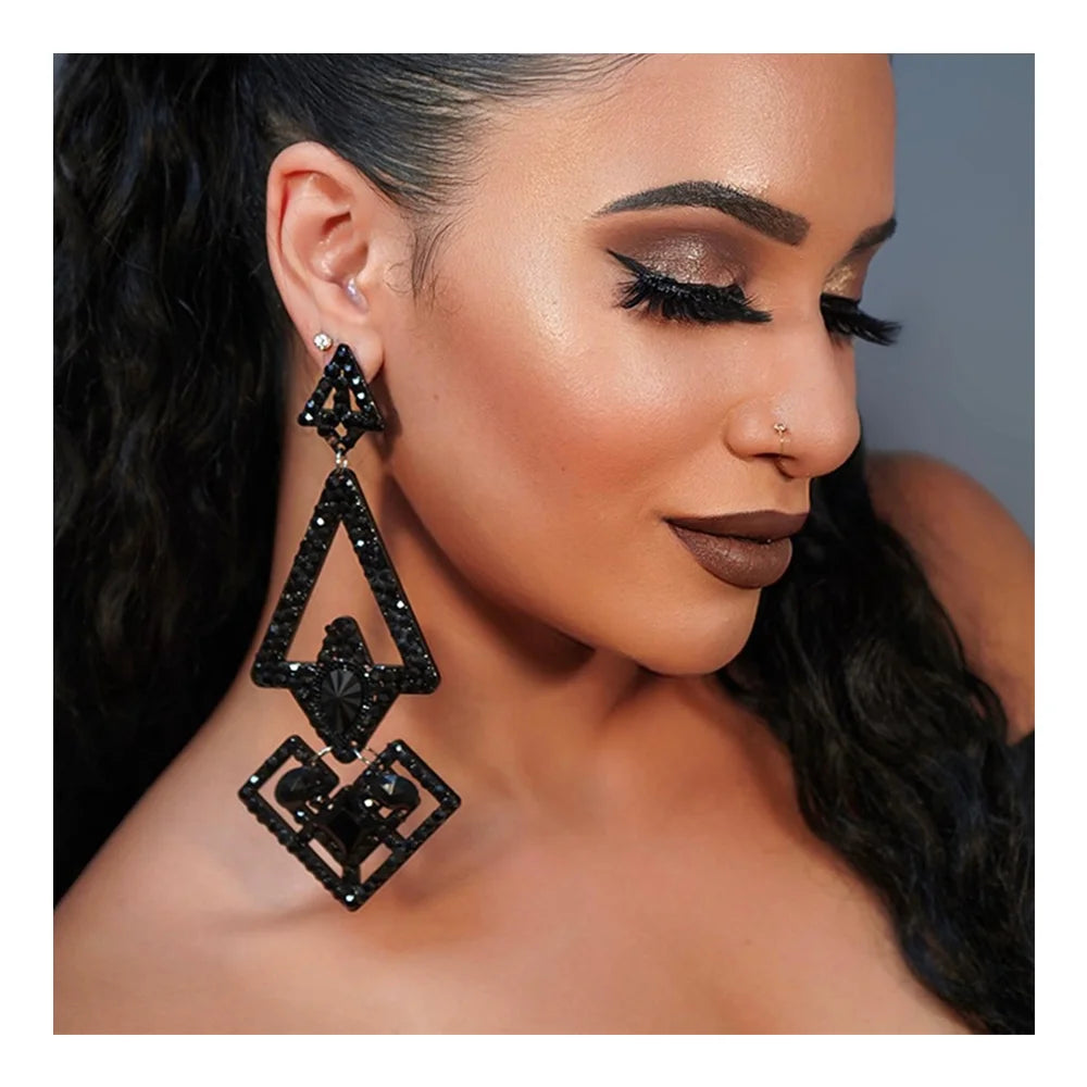 2023 Fashion Black Exaggerated Geometric Rhinestone Big Drop Earrings Women Triangle Pendant Earrings