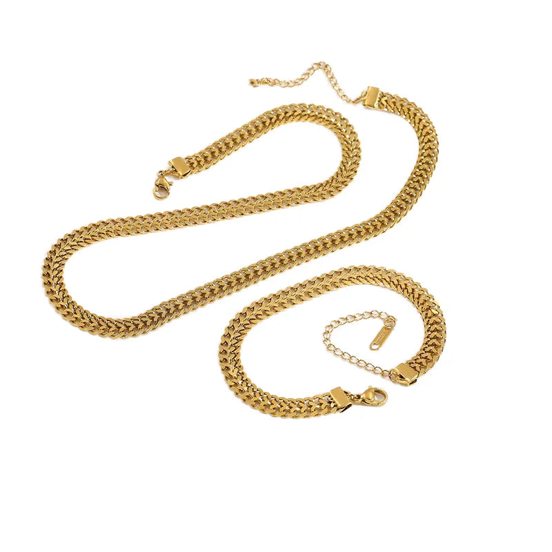 Qiuhan OEM 18K Gold Plated Stainless Steel Retro Simple Double Layer Link Chain Choker Necklace for Wedding Engagement
