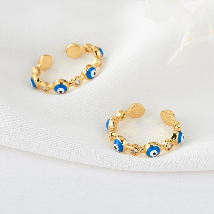 Fashion Jewelry 14K Gold Plated Evil Eye Enamel Ring for Women Adjustable Turkish Evil Eyes Rings