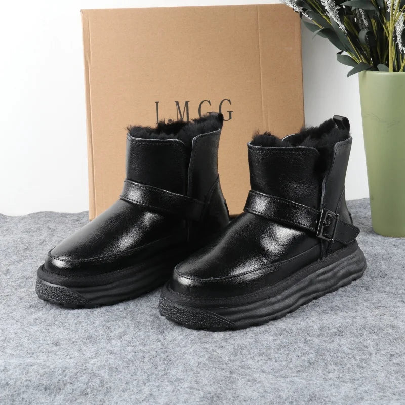 Women's Fashion Winter Snow Boots Buckle Genuine Leather Wool Lining Thick Sole Non-Slip Toe Design for Winter