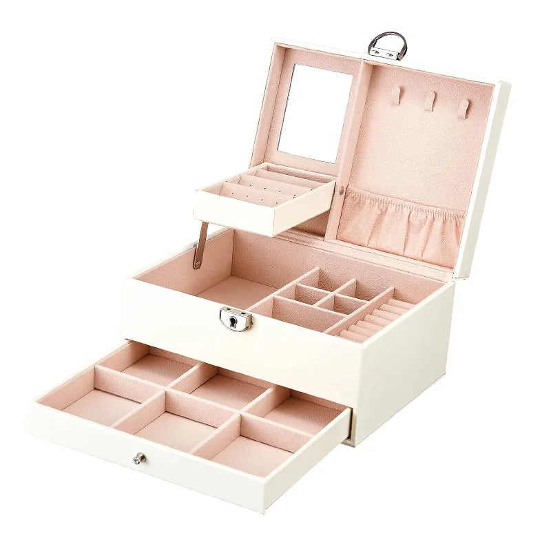 3 Layers with Mirror Lock Accessories Display Cabinet PU Leather Gift Jewelry Box Organizer Storage Case Pouch Packing for Women