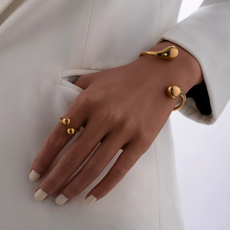 Simple High Quality 18K Gold Plated Double-headed Water Drop Stainless Steel Open Bracelet Bangle Ring Set