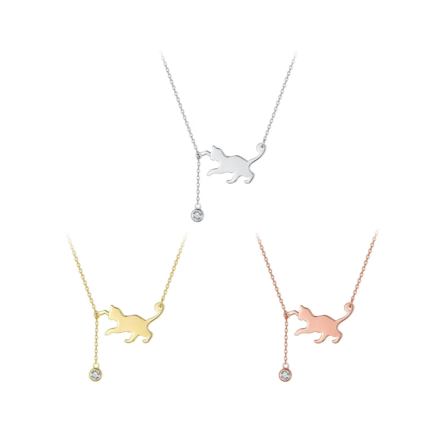 925 Sterling Silver Cat Necklace for Women 14K Gold Plated Kitten Pendant Collarbone Chain Zircon Stone Fashion Jewelry SCN232