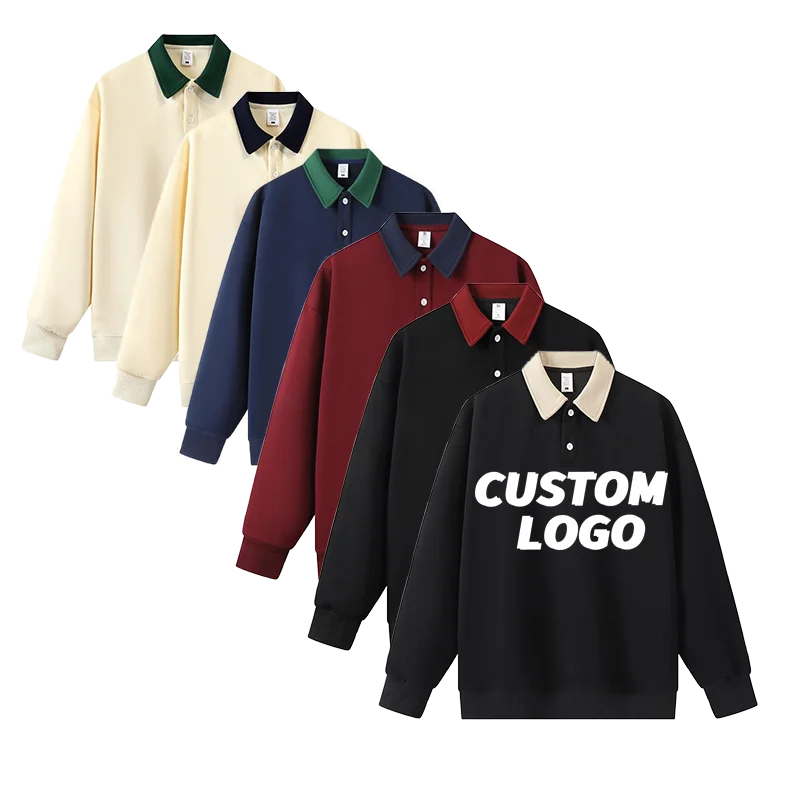 Custom Oversized Cotton and Polyester Color Match 320 Gsm Sport and Fallow Polo Sweatshirt Long Sleeve Polo Shirt for Men