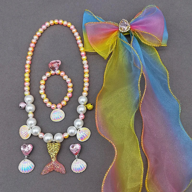 Hot Sales Little Girls Jewelry Set Fashion Beautiful Mermaid Tail Pearl Beading Necklace Bracelet Ring Earring Set for Children