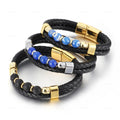 Fashion Leather Wrap Bracelets with Natural Stones Bead Genuine Leather Braided Black Silver Clasp Bracelet