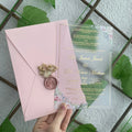 Floral pink Acrylic Invitations Mariage Quinceanera With Wax Seal and Dried Flowers Passport Wedding Invitation