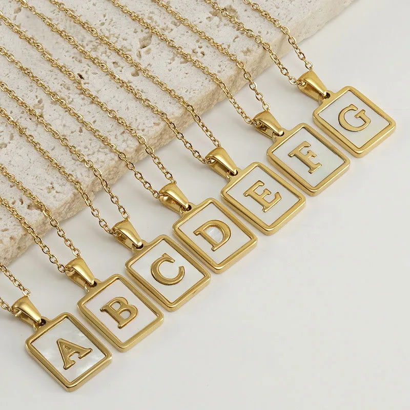 Fashion Square Shell 26 Capital English Letters 18k Gold Plated Initial Letter Pendant Stainless Steel Jewelry Necklace