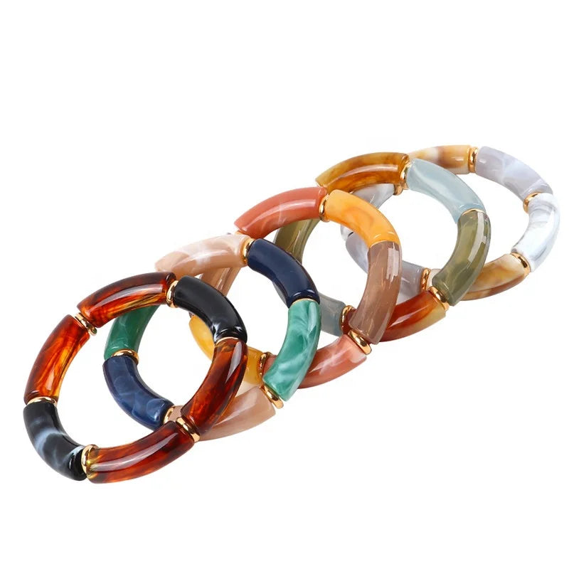 Fashion Summer Acrylic Bamboo Bracelet Resin Mixed Color Tube Beads Charm Stretched Bracelets Bangles for Women