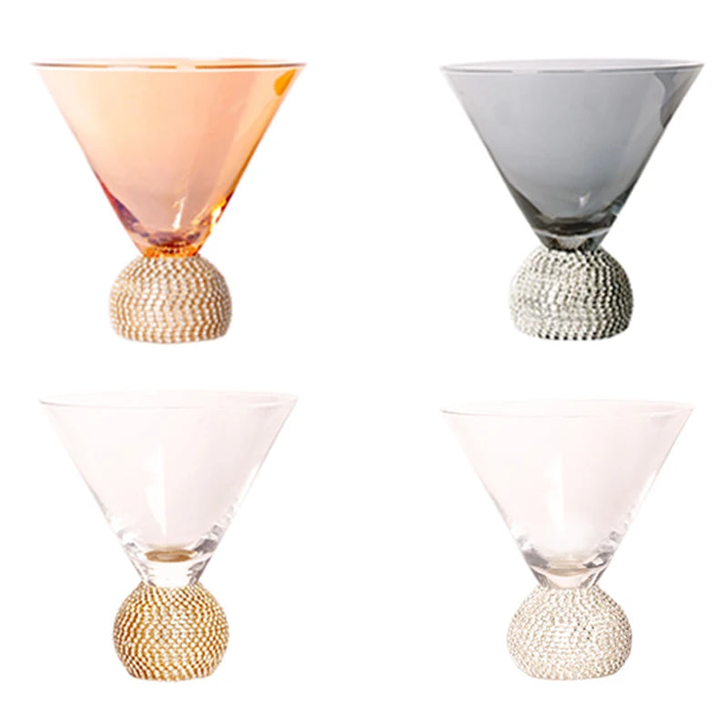 Hand Blown Gold Rim & Diamond Ball Bottom Elegant Jewel Stemless Martini Collins Glass Gold Crystal Wine & for Champagne Glasses